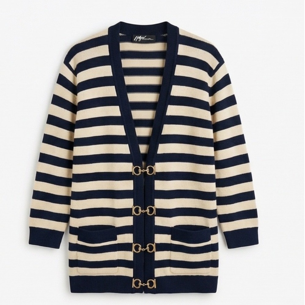 Peter Nygard Vintage Striped Cardigan‎ Sweater Clasp Closure Small 6-8 Wool Blnd